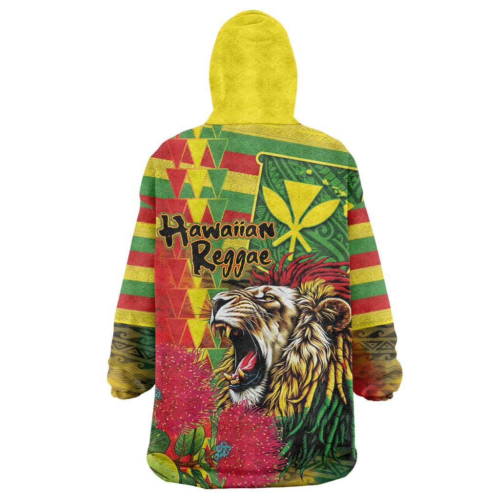 Hawaiian Reggae Wearable Blanket Hoodie Kakau Art Motifs with Ohia Lehua and Rastafari Lion - Polynesian Pride