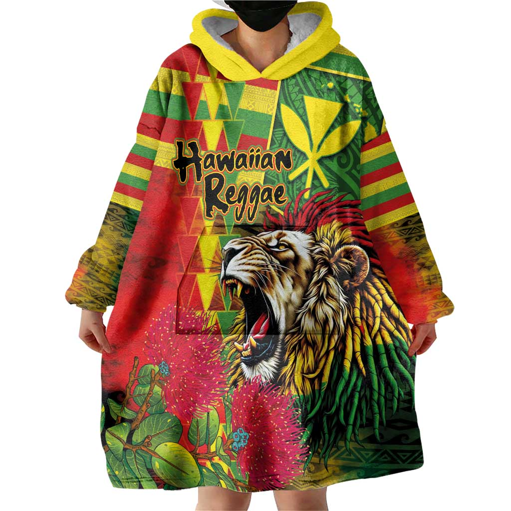 Hawaiian Reggae Wearable Blanket Hoodie Kakau Art Motifs with Ohia Lehua and Rastafari Lion - Polynesian Pride