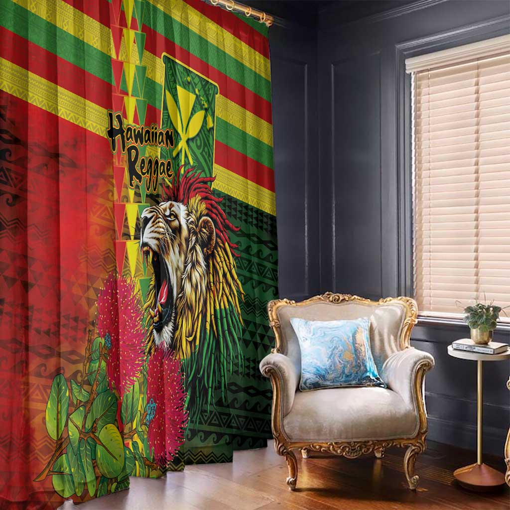Hawaiian Reggae Window Curtain Kakau Art Motifs with Ohia Lehua and Rastafari Lion - Polynesian Pride