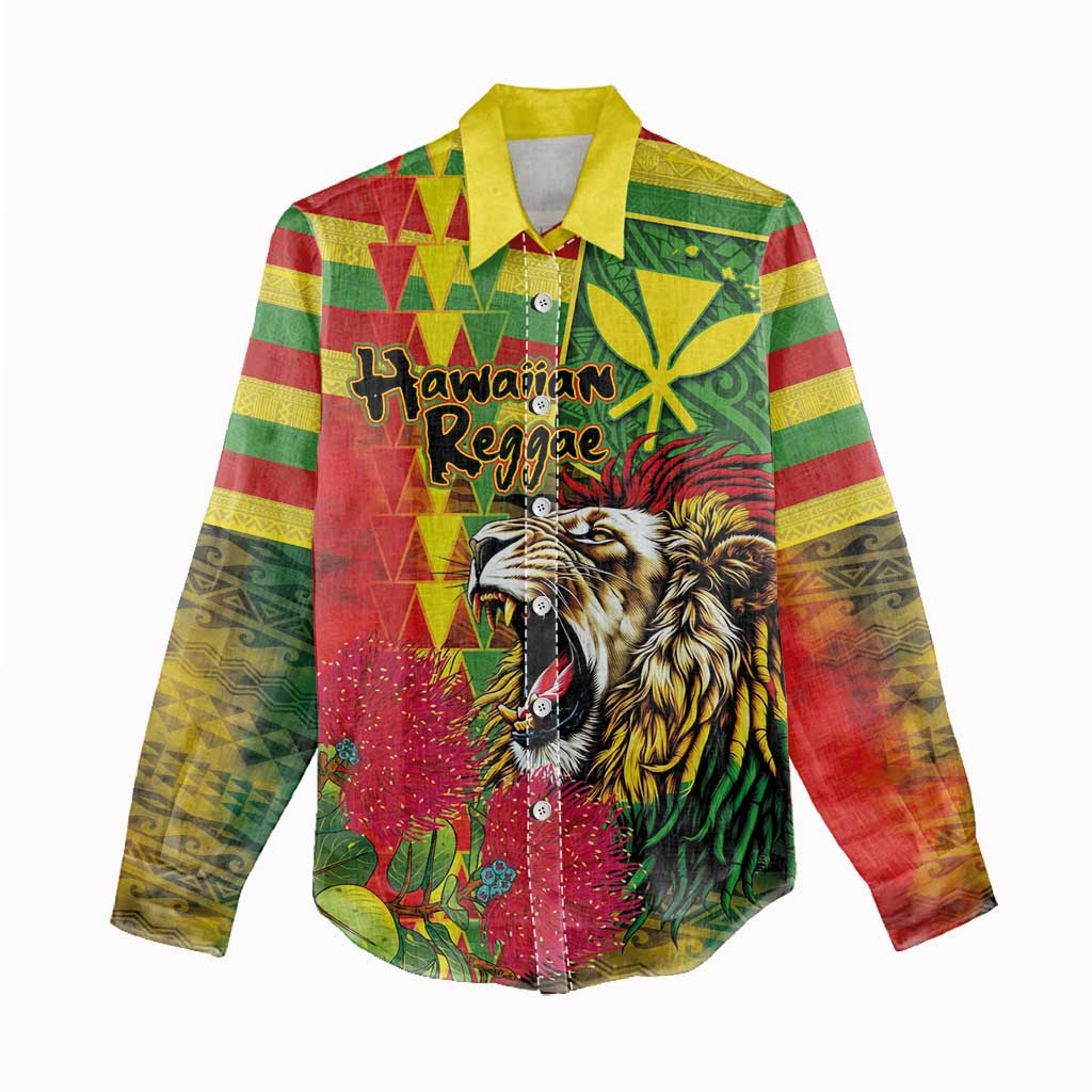 Hawaiian Reggae Women Casual Shirt Kakau Art Motifs with Ohia Lehua and Rastafari Lion - Polynesian Pride