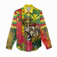 Hawaiian Reggae Women Casual Shirt Kakau Art Motifs with Ohia Lehua and Rastafari Lion - Polynesian Pride