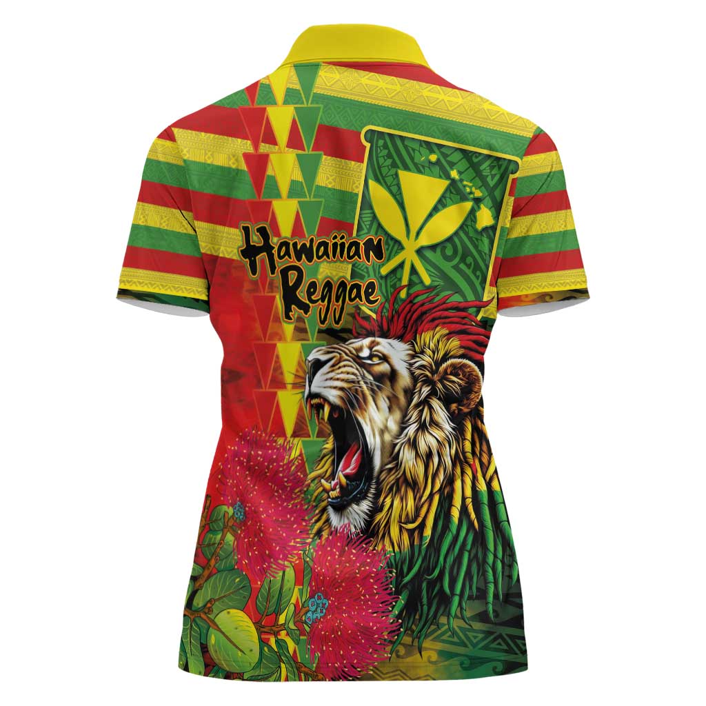 Hawaiian Reggae Women Polo Shirt Kakau Art Motifs with Ohia Lehua and Rastafari Lion - Polynesian Pride