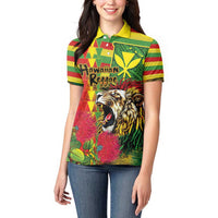 Hawaiian Reggae Women Polo Shirt Kakau Art Motifs with Ohia Lehua and Rastafari Lion - Polynesian Pride