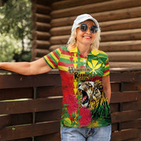 Hawaiian Reggae Women Polo Shirt Kakau Art Motifs with Ohia Lehua and Rastafari Lion - Polynesian Pride