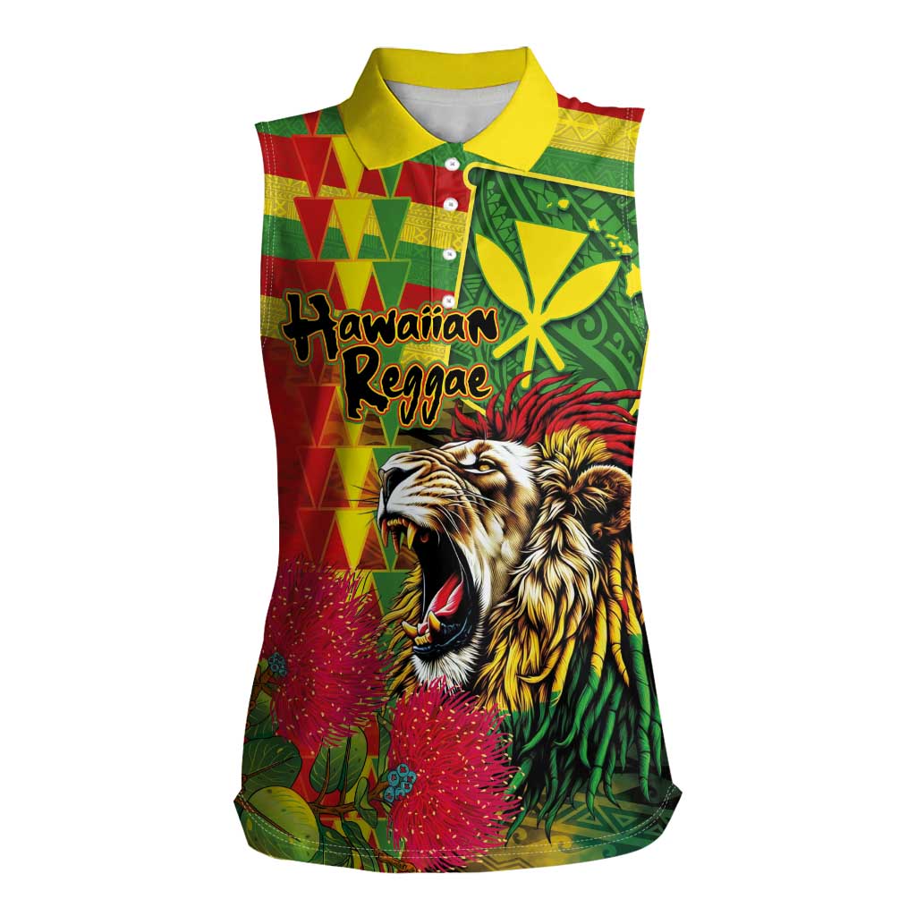 Hawaiian Reggae Women Sleeveless Polo Shirt Kakau Art Motifs with Ohia Lehua and Rastafari Lion - Polynesian Pride