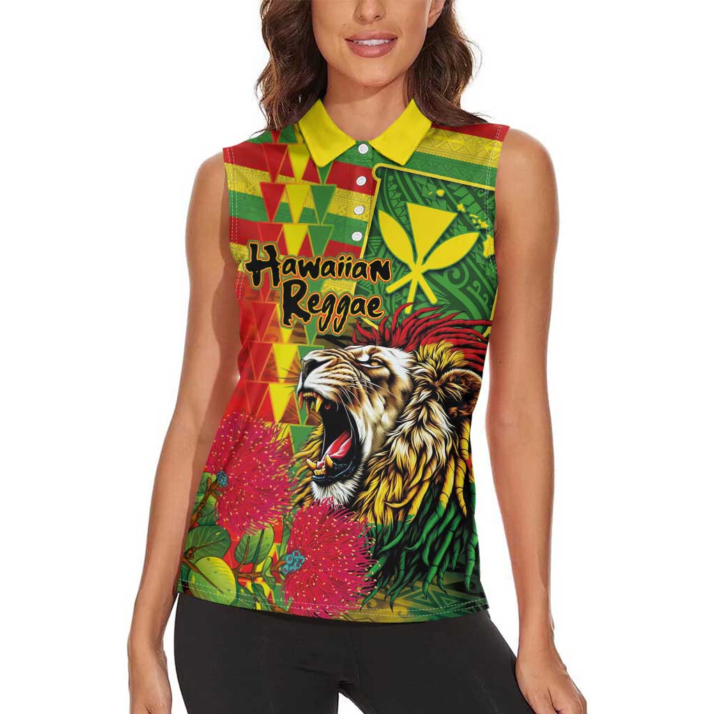 Hawaiian Reggae Women Sleeveless Polo Shirt Kakau Art Motifs with Ohia Lehua and Rastafari Lion - Polynesian Pride