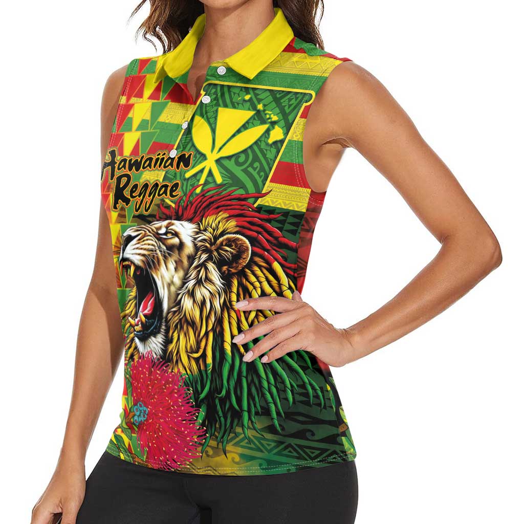 Hawaiian Reggae Women Sleeveless Polo Shirt Kakau Art Motifs with Ohia Lehua and Rastafari Lion - Polynesian Pride