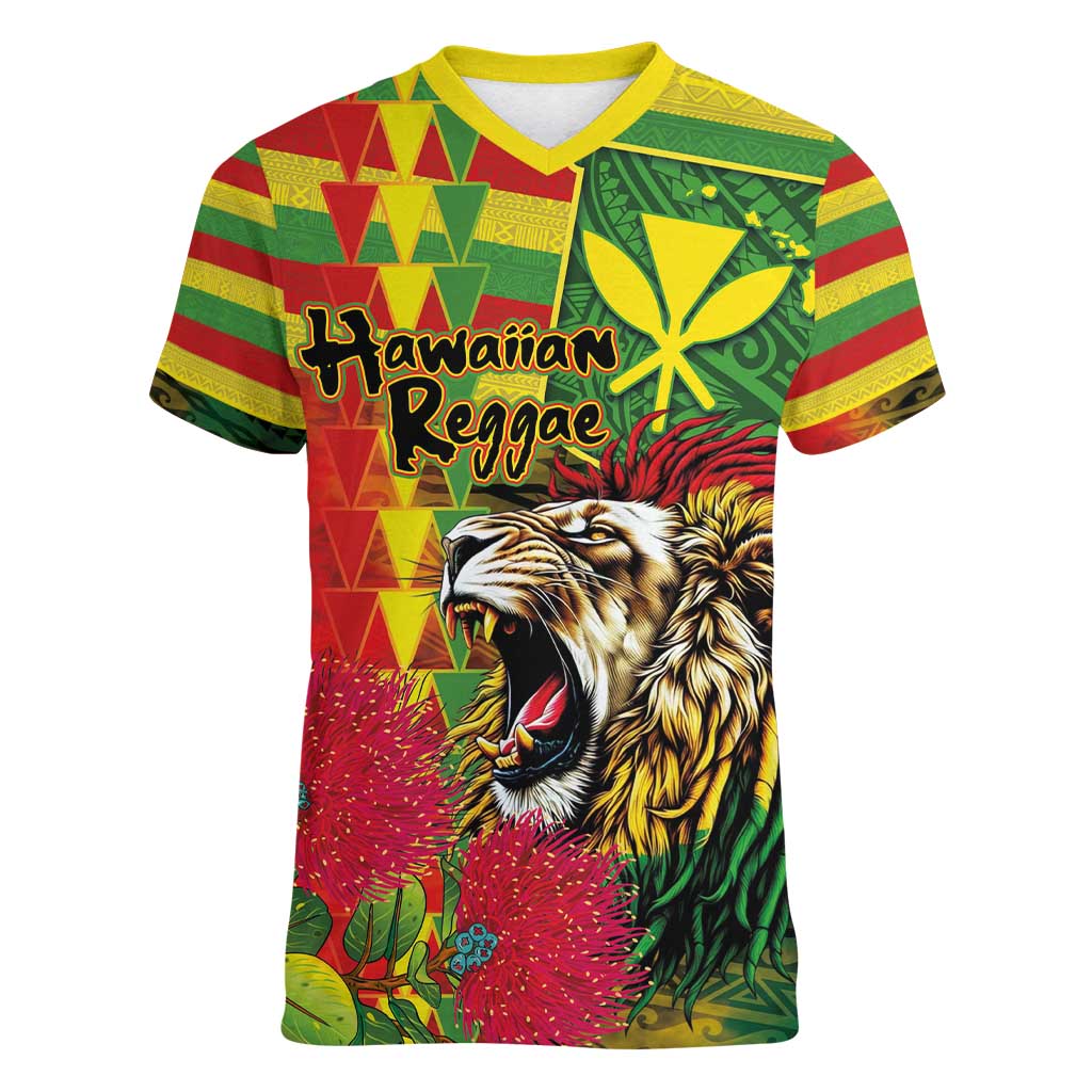 Hawaiian Reggae Women V-Neck T-Shirt Kakau Art Motifs with Ohia Lehua and Rastafari Lion - Polynesian Pride