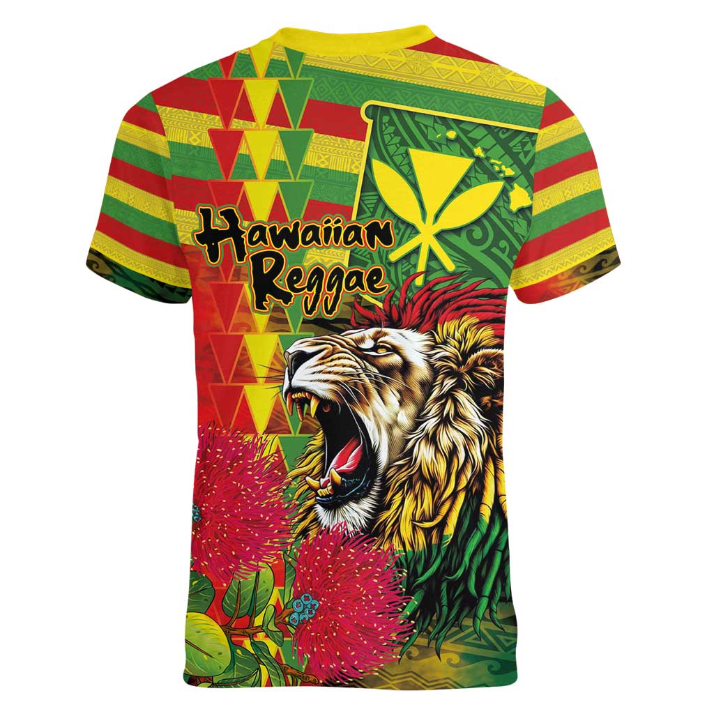 Hawaiian Reggae Women V-Neck T-Shirt Kakau Art Motifs with Ohia Lehua and Rastafari Lion - Polynesian Pride
