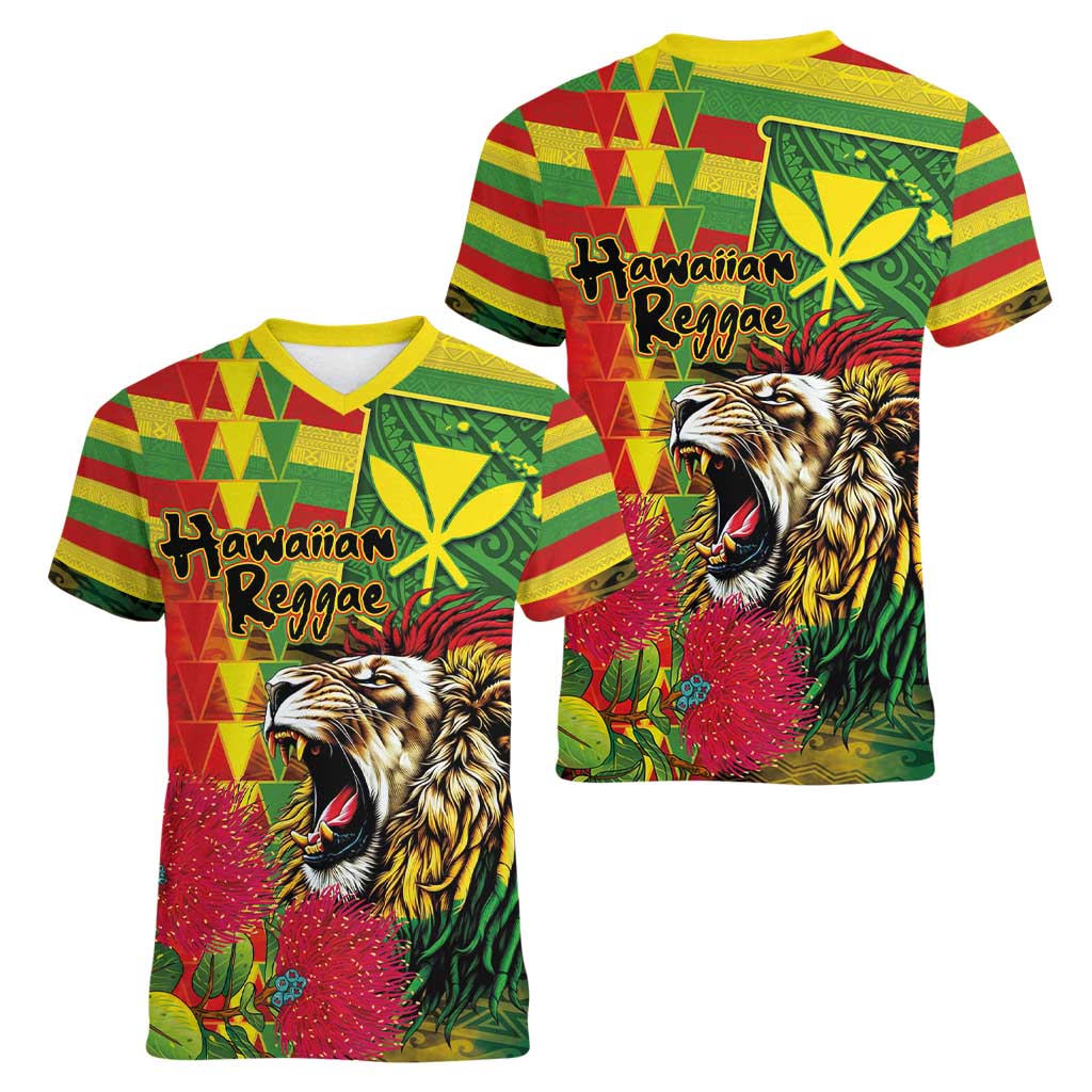 Hawaiian Reggae Women V-Neck T-Shirt Kakau Art Motifs with Ohia Lehua and Rastafari Lion - Polynesian Pride