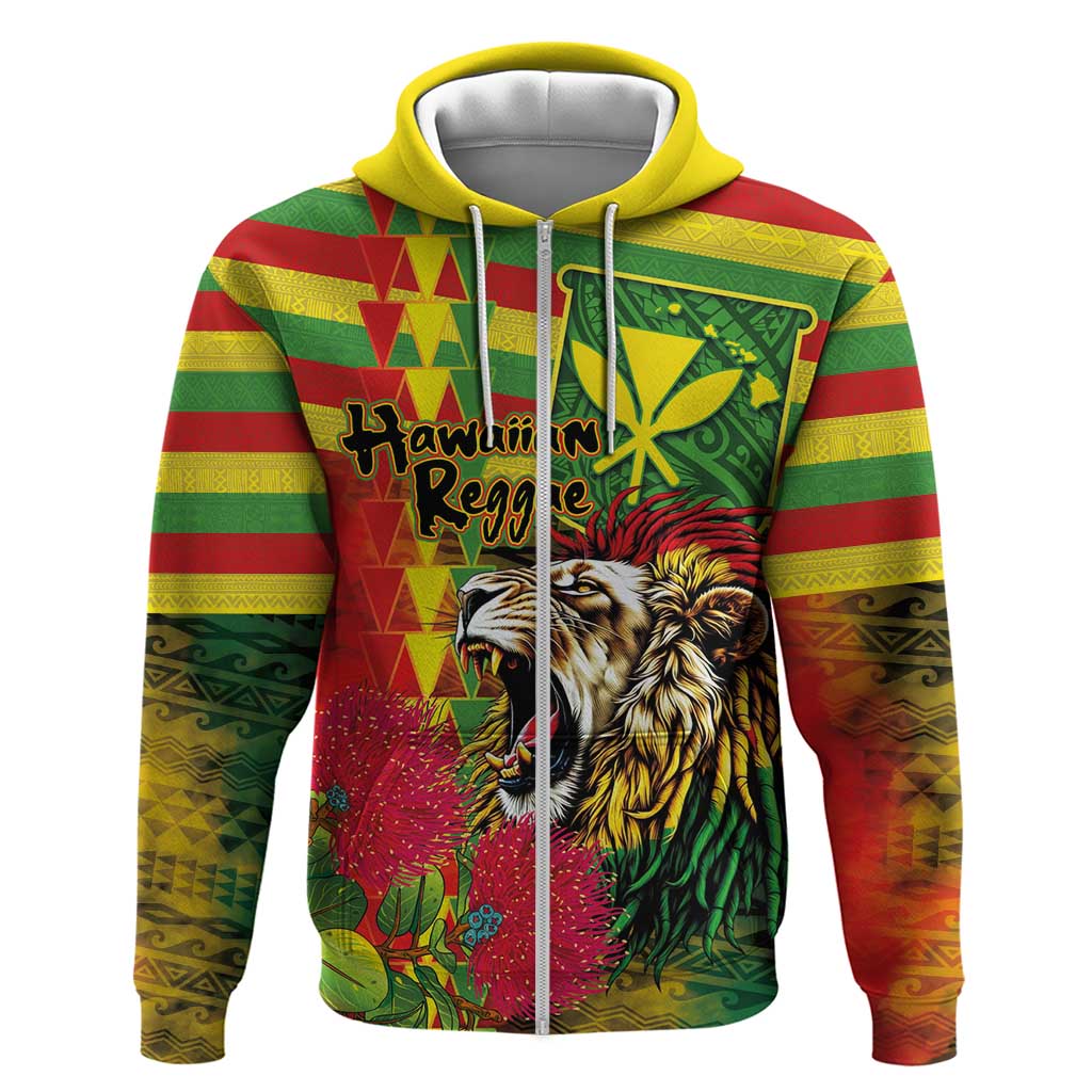 Hawaiian Reggae Zip Hoodie Kakau Art Motifs with Ohia Lehua and Rastafari Lion - Polynesian Pride