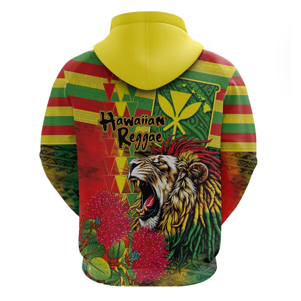 Hawaiian Reggae Zip Hoodie Kakau Art Motifs with Ohia Lehua and Rastafari Lion - Polynesian Pride