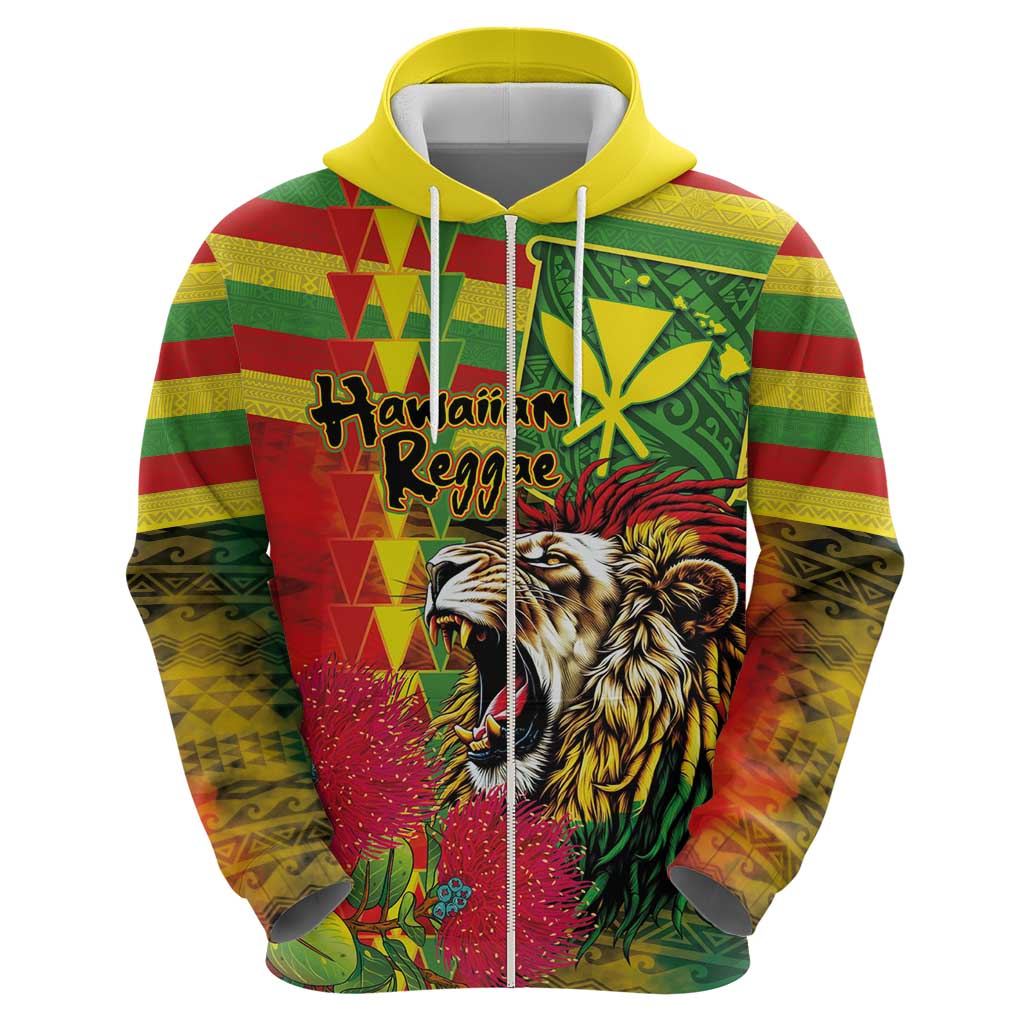 Hawaiian Reggae Zip Hoodie Kakau Art Motifs with Ohia Lehua and Rastafari Lion - Polynesian Pride