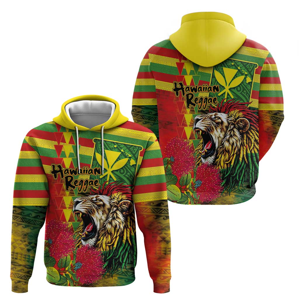 Hawaiian Reggae Zip Hoodie Kakau Art Motifs with Ohia Lehua and Rastafari Lion - Polynesian Pride