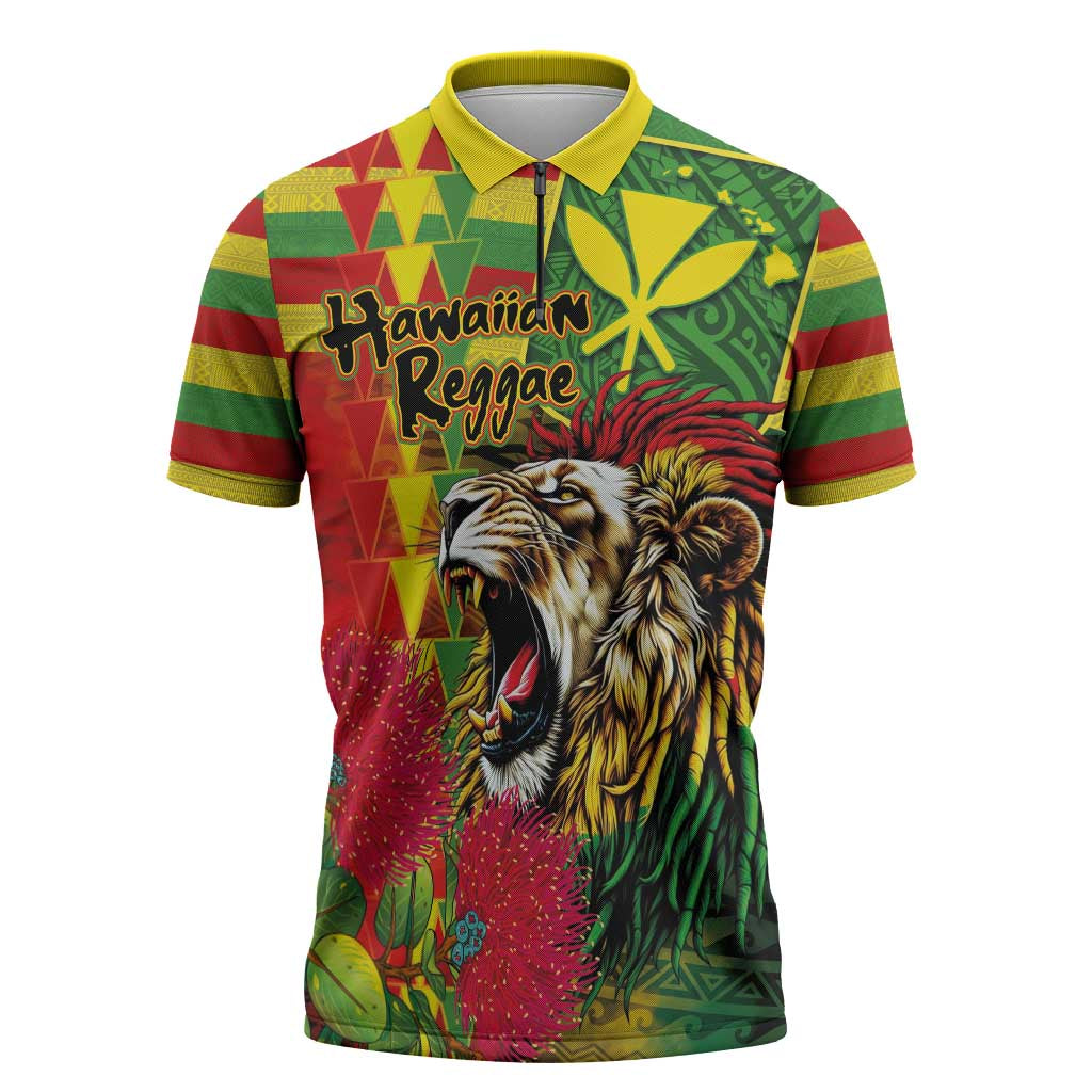 Hawaiian Reggae Zipper Polo Shirt Kakau Art Motifs with Ohia Lehua and Rastafari Lion - Polynesian Pride