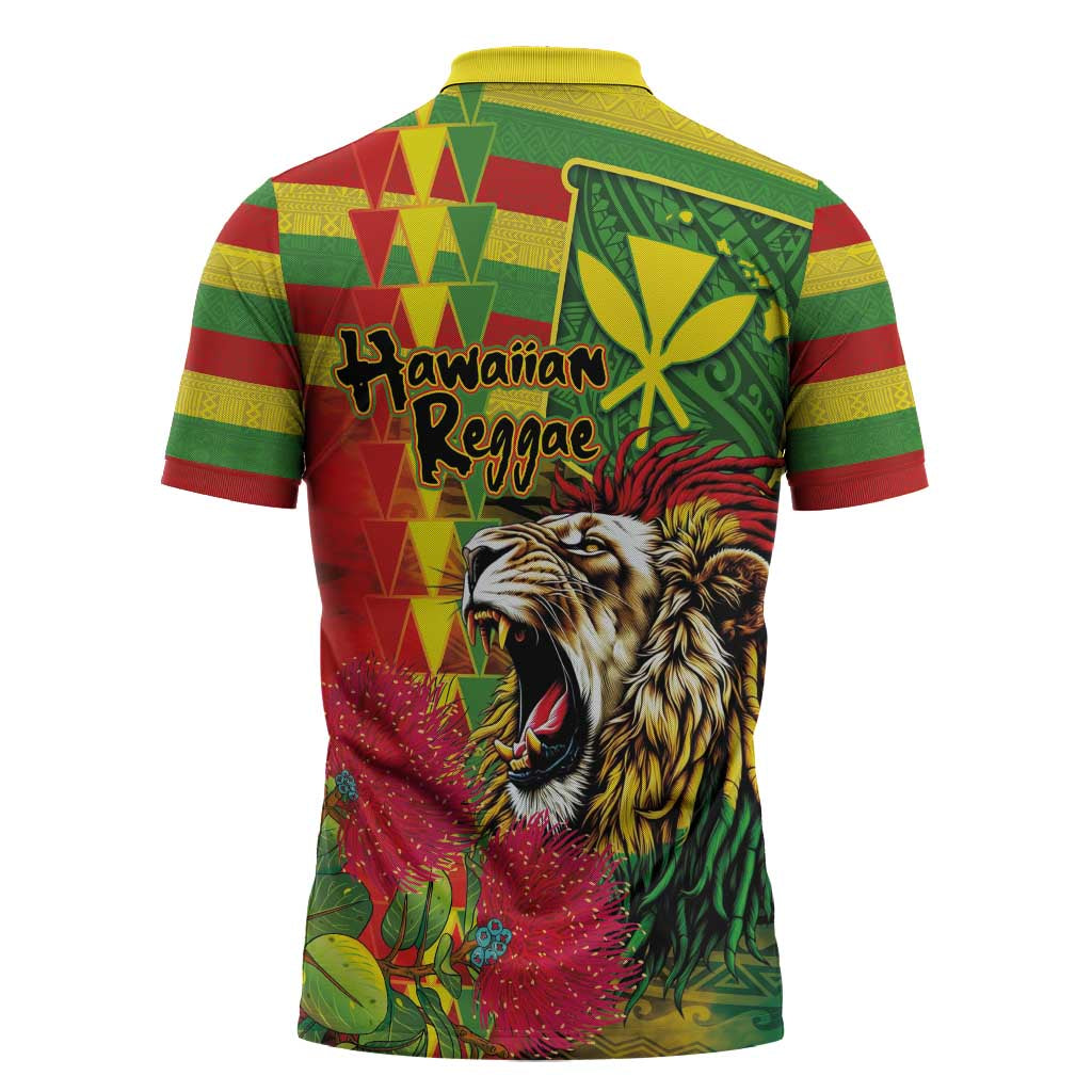 Hawaiian Reggae Zipper Polo Shirt Kakau Art Motifs with Ohia Lehua and Rastafari Lion - Polynesian Pride