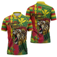 Hawaiian Reggae Zipper Polo Shirt Kakau Art Motifs with Ohia Lehua and Rastafari Lion - Polynesian Pride
