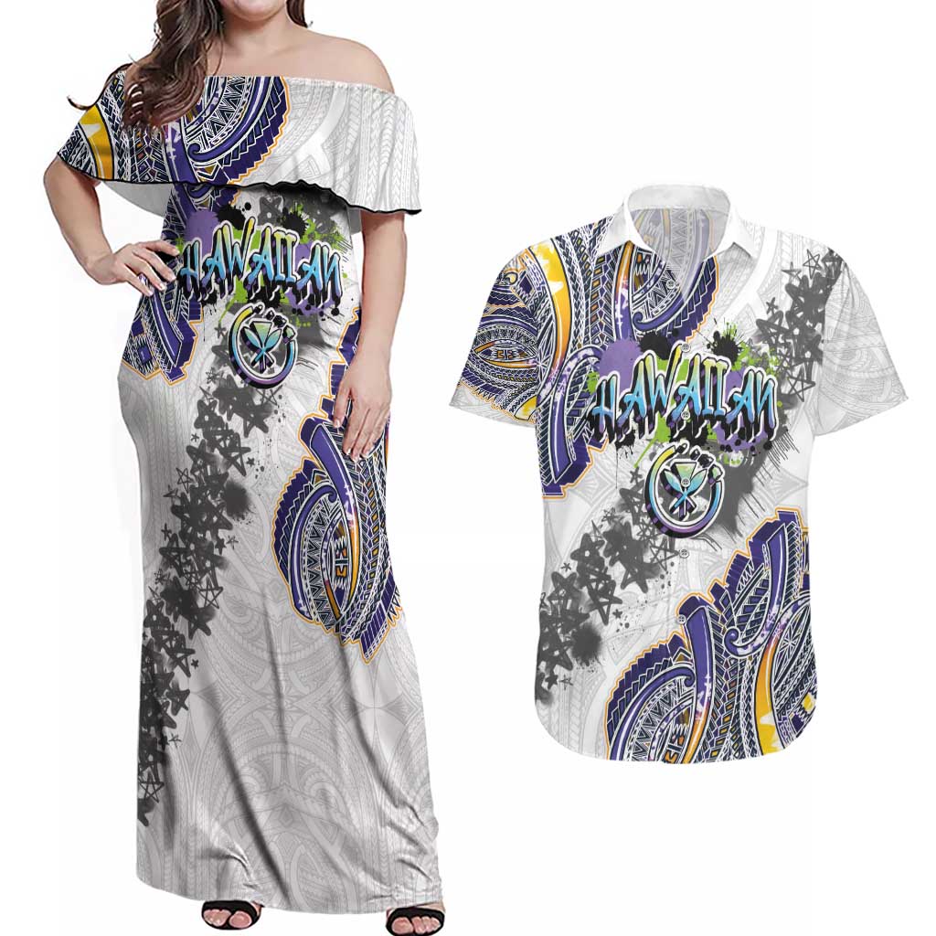 Traditional Art Hawaiian Kakau Tattoos Couples Matching Off Shoulder Maxi Dress and Hawaiian Shirt Graffiti Style - Polynesian Pride