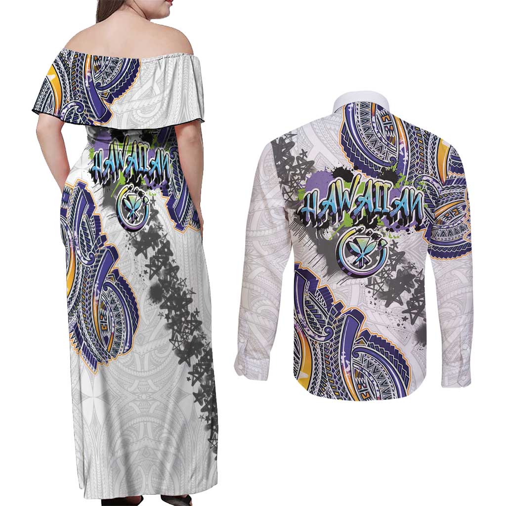 Traditional Art Hawaiian Kakau Tattoos Couples Matching Off Shoulder Maxi Dress and Long Sleeve Button Shirt Graffiti Style - Polynesian Pride