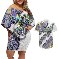 Traditional Art Hawaiian Kakau Tattoos Couples Matching Off Shoulder Short Dress and Hawaiian Shirt Graffiti Style - Polynesian Pride