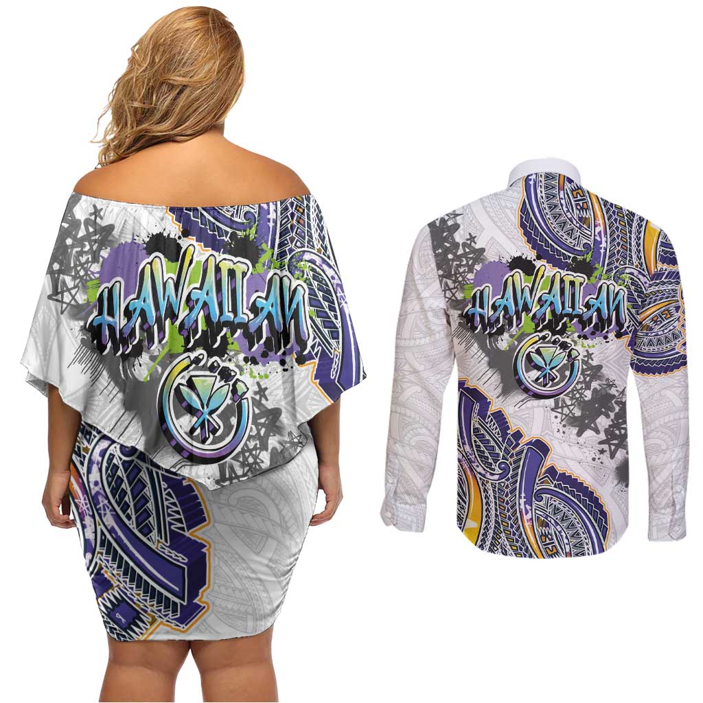 Traditional Art Hawaiian Kakau Tattoos Couples Matching Off Shoulder Short Dress and Long Sleeve Button Shirt Graffiti Style - Polynesian Pride