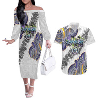 Traditional Art Hawaiian Kakau Tattoos Couples Matching Off The Shoulder Long Sleeve Dress and Hawaiian Shirt Graffiti Style - Polynesian Pride