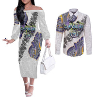 Traditional Art Hawaiian Kakau Tattoos Couples Matching Off The Shoulder Long Sleeve Dress and Long Sleeve Button Shirt Graffiti Style - Polynesian Pride