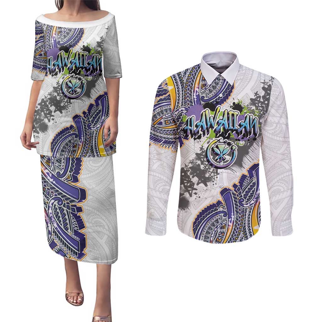 Traditional Art Hawaiian Kakau Tattoos Couples Matching Puletasi and Long Sleeve Button Shirt Graffiti Style - Polynesian Pride