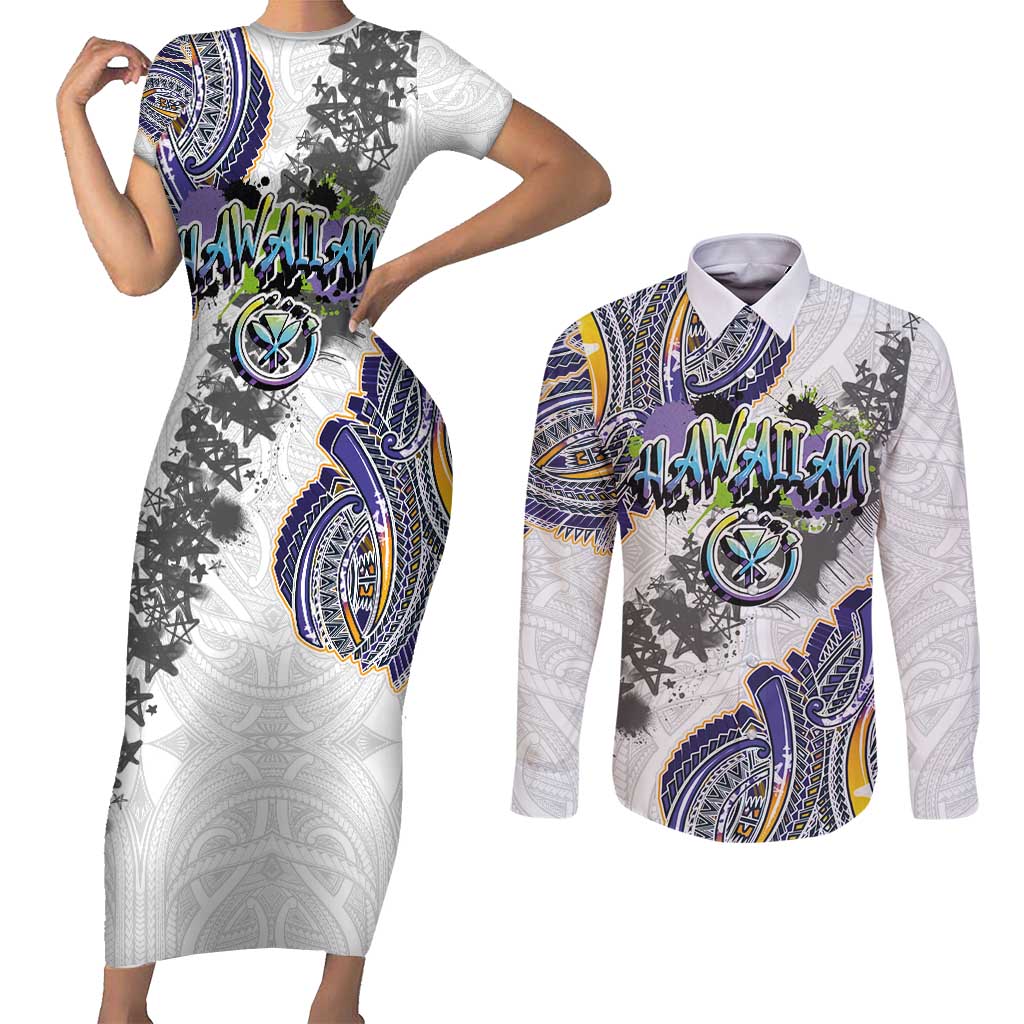Traditional Art Hawaiian Kakau Tattoos Couples Matching Short Sleeve Bodycon Dress and Long Sleeve Button Shirt Graffiti Style - Polynesian Pride