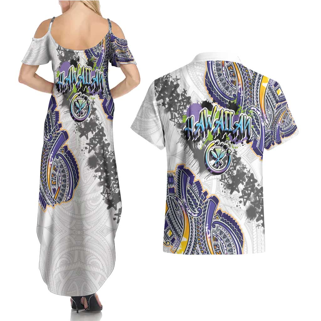 Traditional Art Hawaiian Kakau Tattoos Couples Matching Summer Maxi Dress and Hawaiian Shirt Graffiti Style - Polynesian Pride