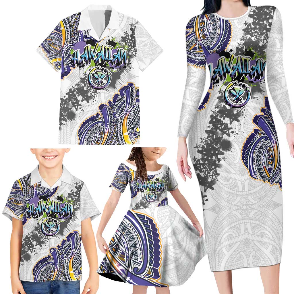 Traditional Art Hawaiian Kakau Tattoos Family Matching Long Sleeve Bodycon Dress and Hawaiian Shirt Graffiti Style - Polynesian Pride