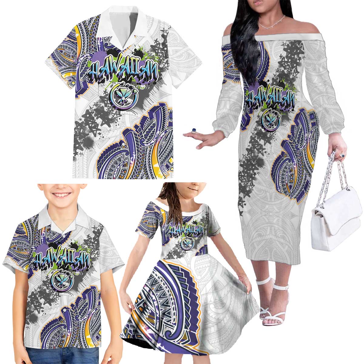Traditional Art Hawaiian Kakau Tattoos Family Matching Off The Shoulder Long Sleeve Dress and Hawaiian Shirt Graffiti Style - Polynesian Pride