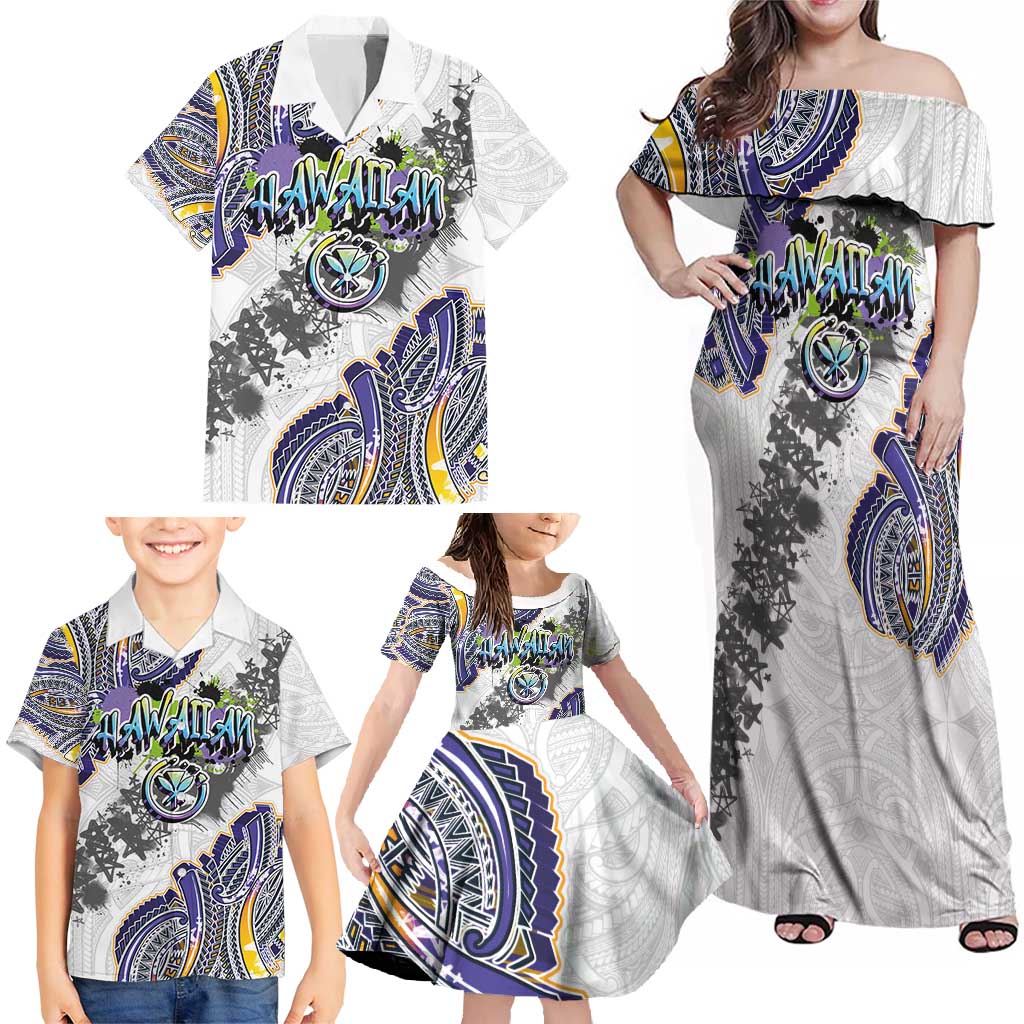Traditional Art Hawaiian Kakau Tattoos Family Matching Off Shoulder Maxi Dress and Hawaiian Shirt Graffiti Style - Polynesian Pride