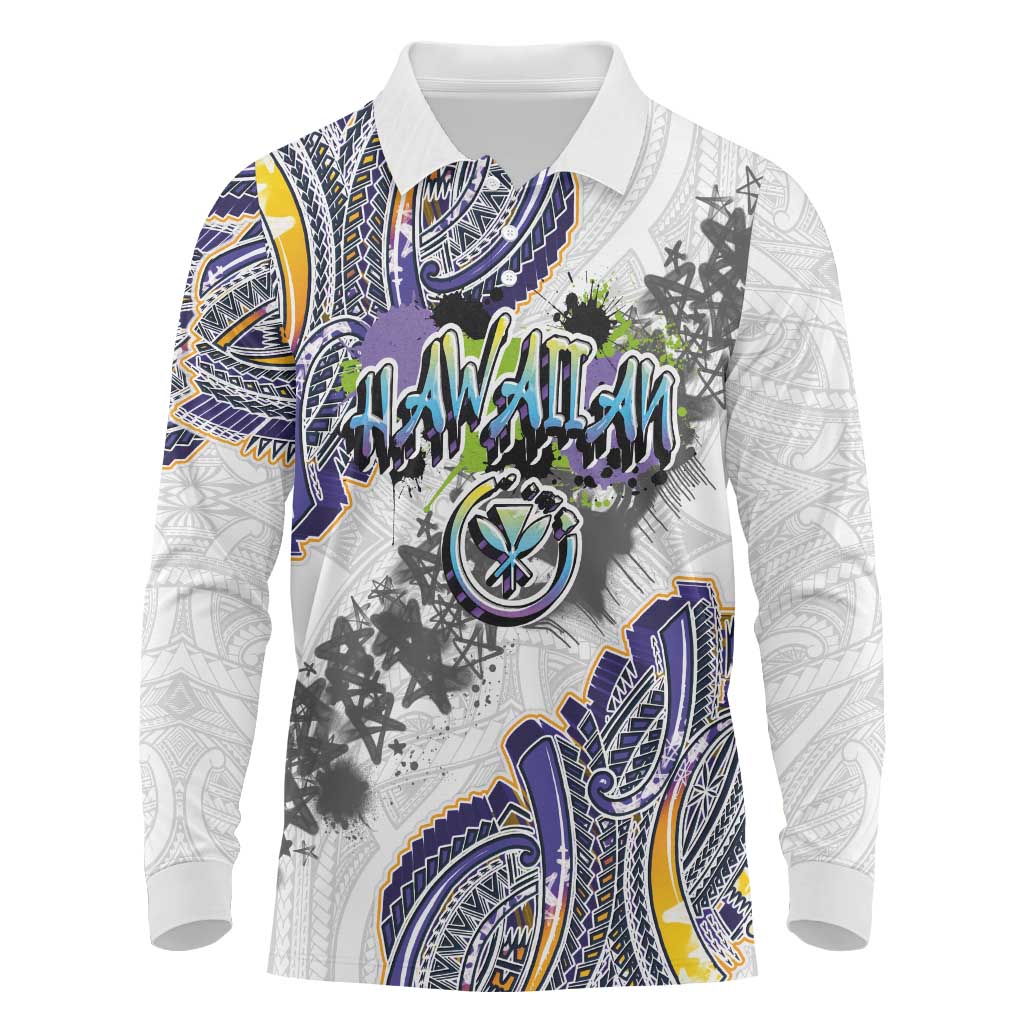Traditional Art Hawaiian Kakau Tattoos Long Sleeve Polo Shirt Graffiti Style - Polynesian Pride