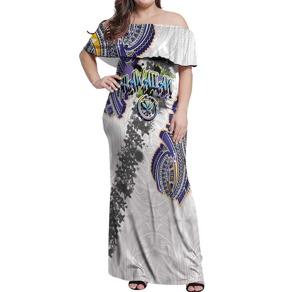 Traditional Art Hawaiian Kakau Tattoos Off Shoulder Maxi Dress Graffiti Style - Polynesian Pride