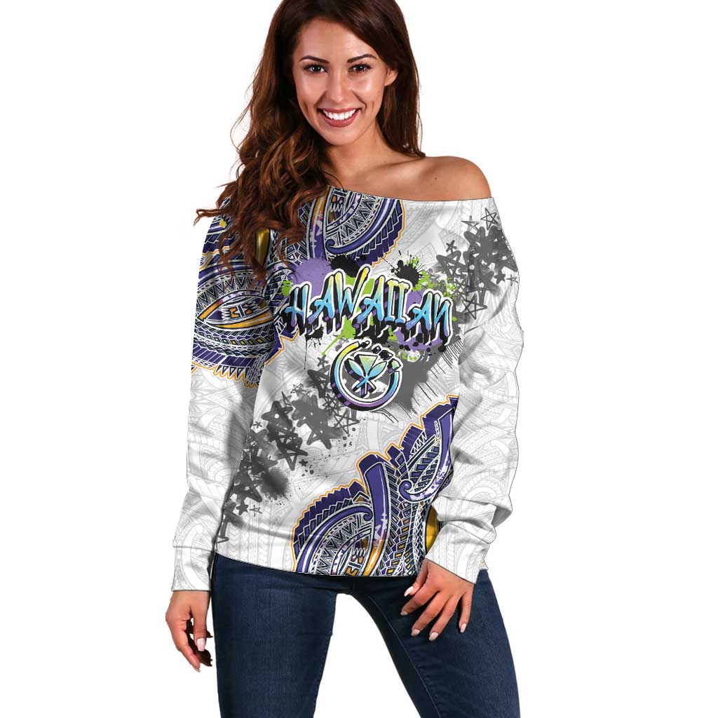 Traditional Art Hawaiian Kakau Tattoos Off Shoulder Sweater Graffiti Style - Polynesian Pride
