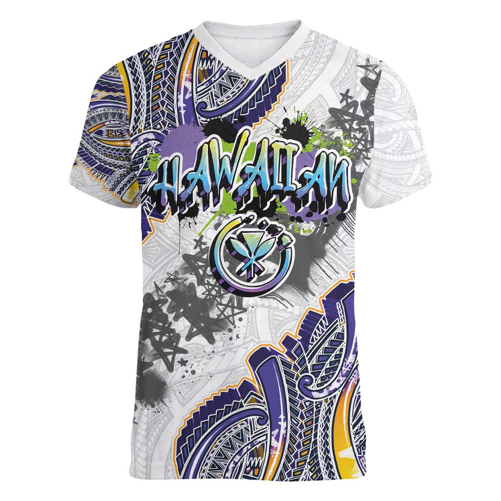 Traditional Art Hawaiian Kakau Tattoos Women V-Neck T-Shirt Graffiti Style - Polynesian Pride