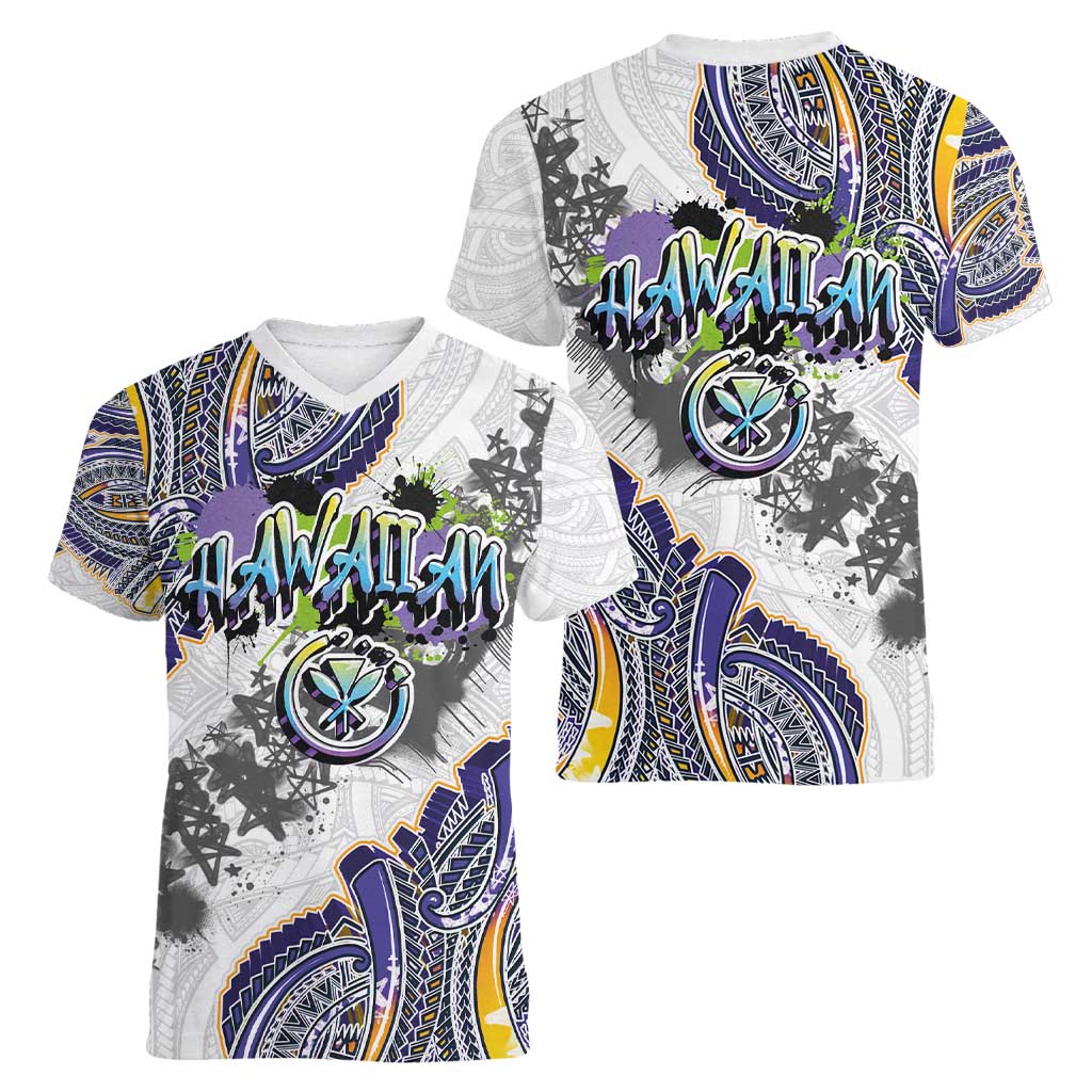Traditional Art Hawaiian Kakau Tattoos Women V-Neck T-Shirt Graffiti Style - Polynesian Pride
