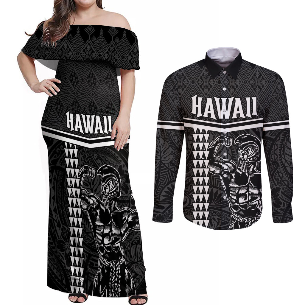 Custom Hawaii Warrior Couples Matching Off Shoulder Maxi Dress and Long Sleeve Button Shirt Kakau Quilt Pattern LT03 Black - Polynesian Pride