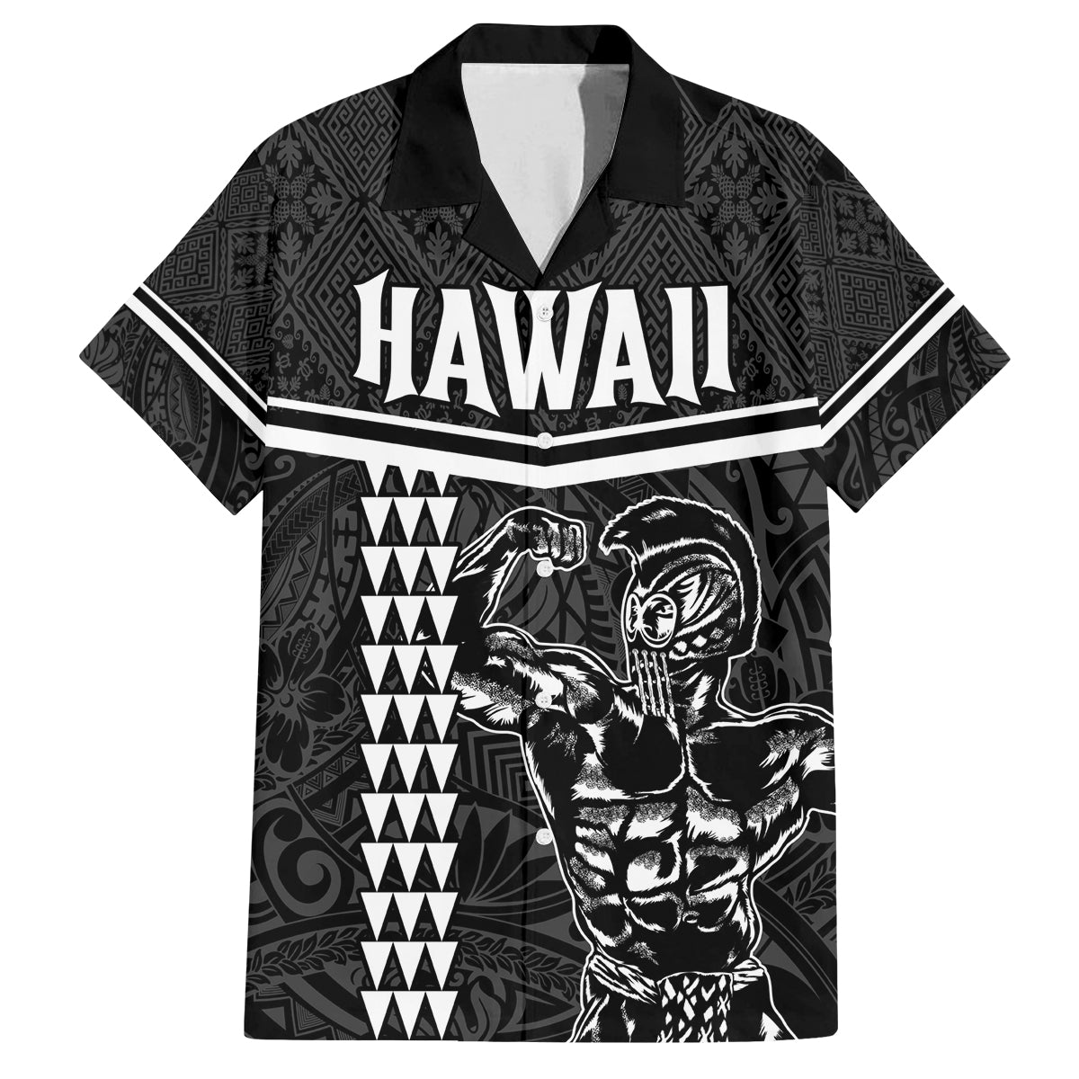 Custom Hawaii Warrior Family Matching Off Shoulder Short Dress and Hawaiian Shirt Kakau Quilt Pattern LT03 Dad's Shirt - Short Sleeve Black - Polynesian Pride