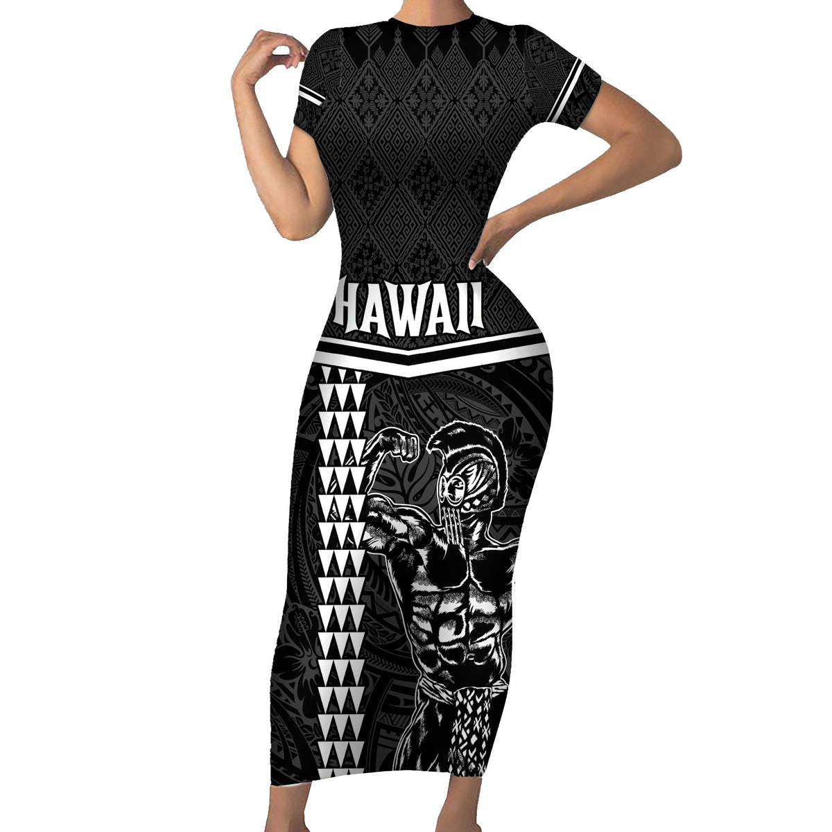 Custom Hawaii Warrior Family Matching Short Sleeve Bodycon Dress and Hawaiian Shirt Kakau Quilt Pattern LT03 Mom's Dress Black - Polynesian Pride