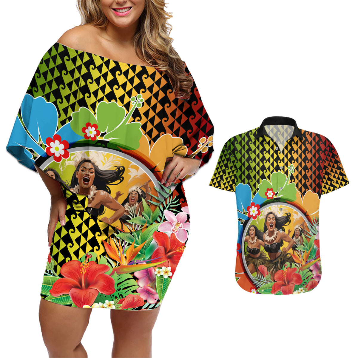 Hawaii Womens Day Wahine Couples Matching Off Shoulder Short Dress and Hawaiian Shirt Strong Beautiful Woman with Kakau Style LT03 Red - Polynesian Pride