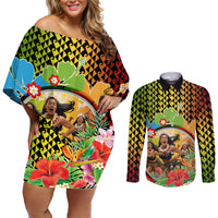 Hawaii Womens Day Wahine Couples Matching Off Shoulder Short Dress and Long Sleeve Button Shirt Strong Beautiful Woman with Kakau Style LT03 Red - Polynesian Pride