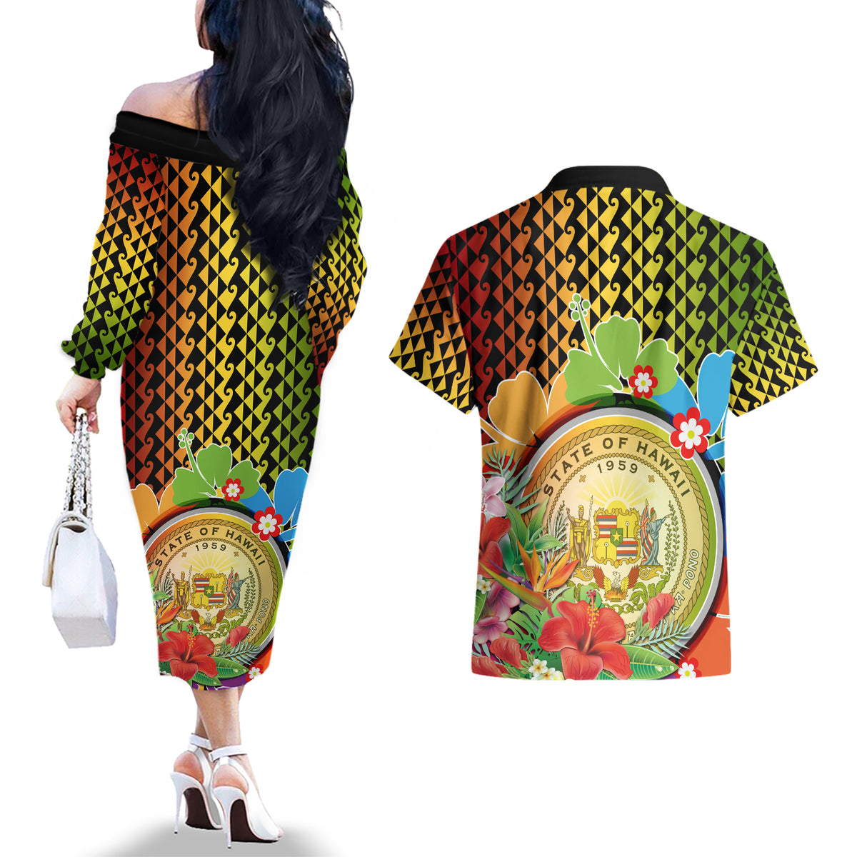 Hawaii Womens Day Wahine Couples Matching Off The Shoulder Long Sleeve Dress and Hawaiian Shirt Strong Beautiful Woman with Kakau Style LT03 - Polynesian Pride