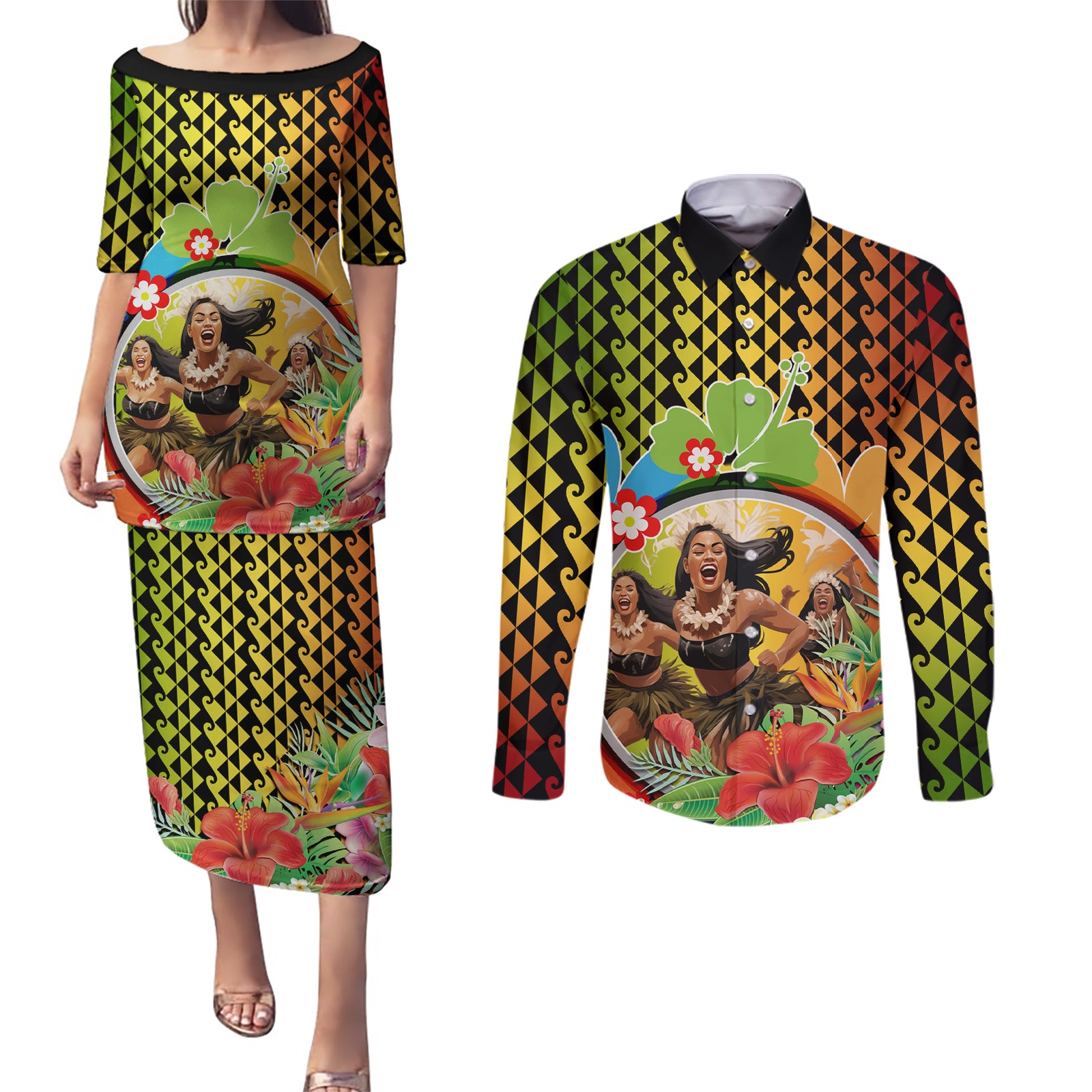 Hawaii Womens Day Wahine Couples Matching Puletasi and Long Sleeve Button Shirt Strong Beautiful Woman with Kakau Style LT03 Red - Polynesian Pride