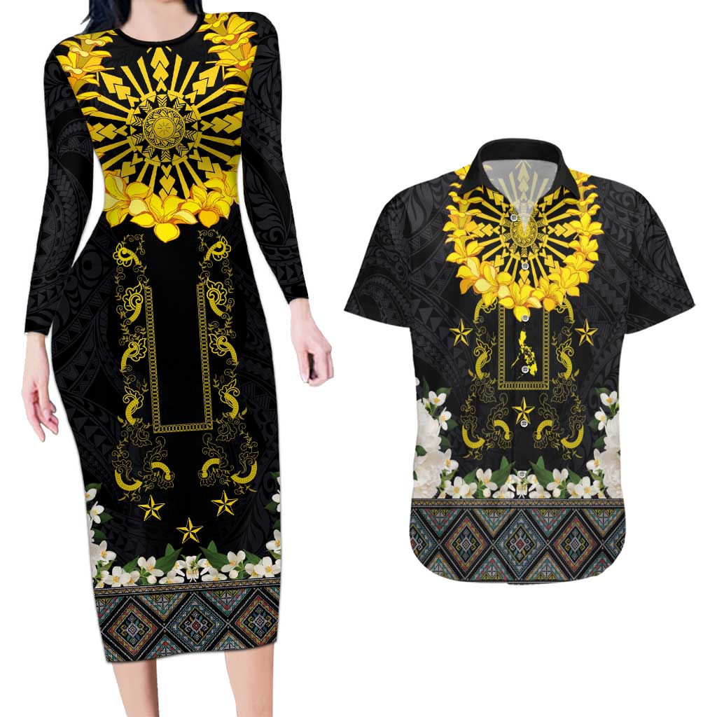 Flores de Mayo and Filipino Fiesta Couples Matching Long Sleeve Bodycon Dress and Hawaiian Shirt The Sun-Jasmine and Polynesian Yakan Tattoo Barong Style LT03 Black - Polynesian Pride