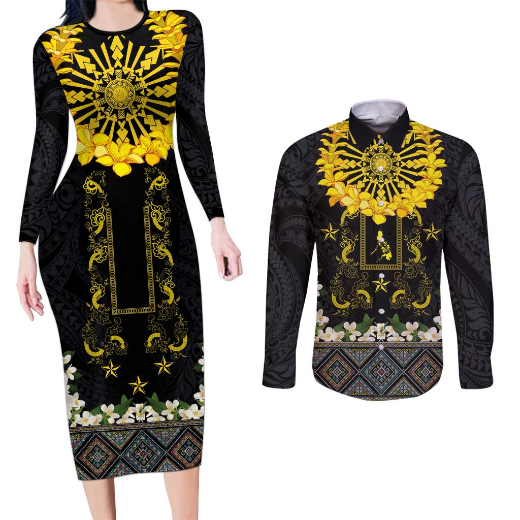 Flores de Mayo and Filipino Fiesta Couples Matching Long Sleeve Bodycon Dress and Long Sleeve Button Shirt The Sun-Jasmine and Polynesian Yakan Tattoo Barong Style LT03 Black - Polynesian Pride