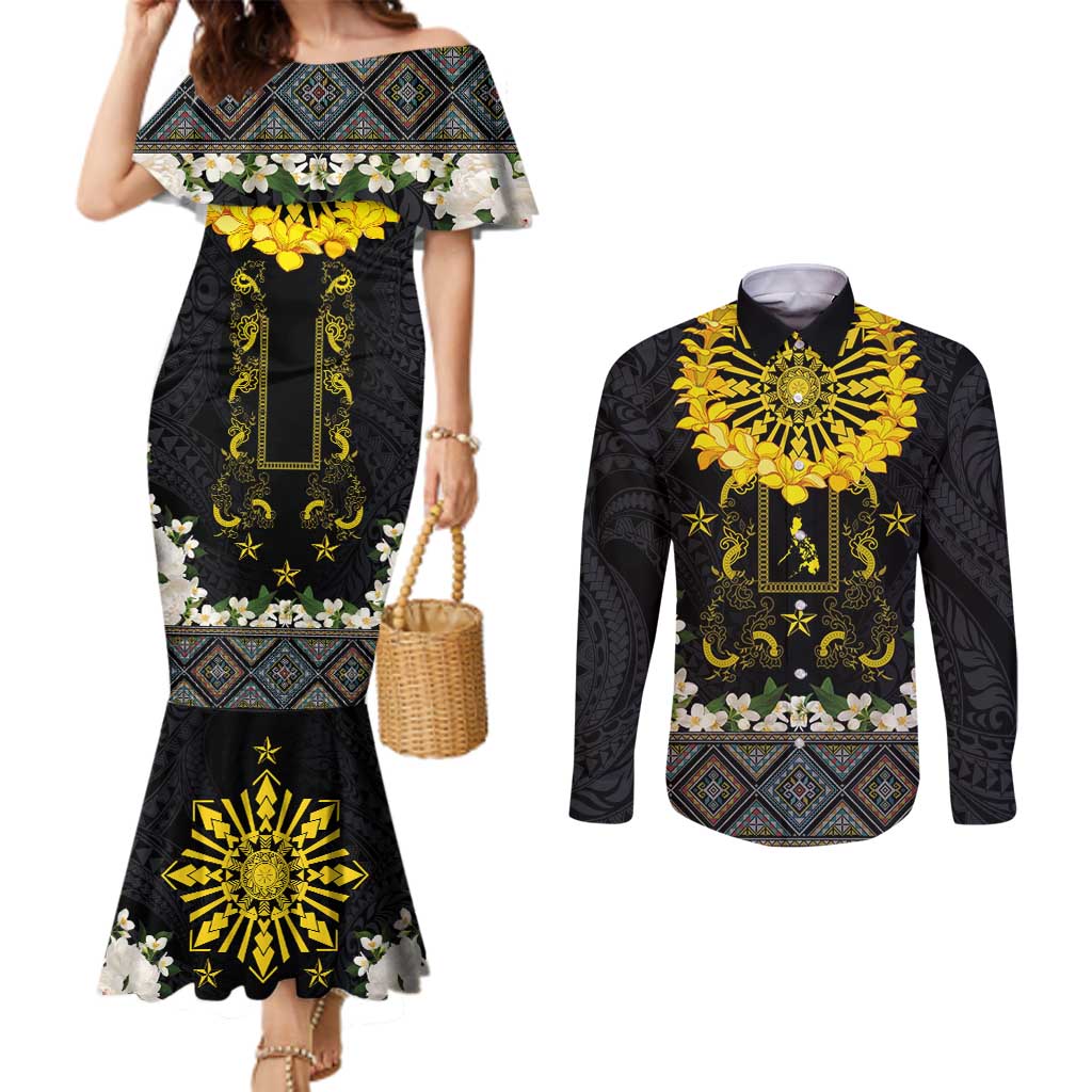 Flores de Mayo and Filipino Fiesta Couples Matching Mermaid Dress and Long Sleeve Button Shirt The Sun-Jasmine and Polynesian Yakan Tattoo Barong Style LT03 Black - Polynesian Pride