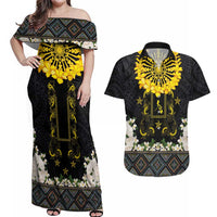 Flores de Mayo and Filipino Fiesta Couples Matching Off Shoulder Maxi Dress and Hawaiian Shirt The Sun-Jasmine and Polynesian Yakan Tattoo Barong Style LT03 Black - Polynesian Pride
