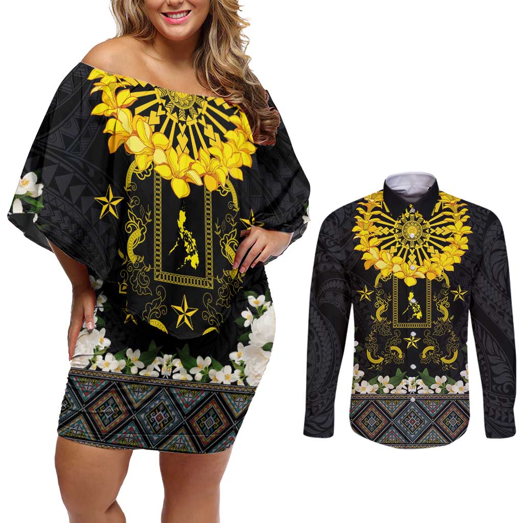 Flores de Mayo and Filipino Fiesta Couples Matching Off Shoulder Short Dress and Long Sleeve Button Shirt The Sun-Jasmine and Polynesian Yakan Tattoo Barong Style LT03 Black - Polynesian Pride